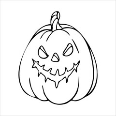 Halloween pumpkin with a sinister smile. Vector concept in doodle and sketch style. Hand drawn illustration for printing on t-shirts, cards. Icon and logo idea..