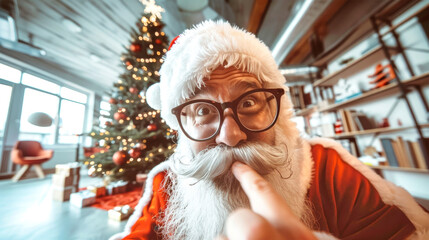Santa Claus playfully shushes the camera while standing in a festive office space adorned with a beautiful Christmas tree