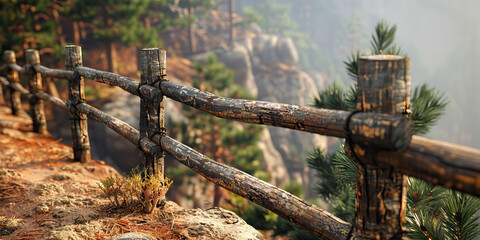 Naklejka premium A rustic wooden fence surrounds a cliff, warning hikers not to venture too close to the edge.