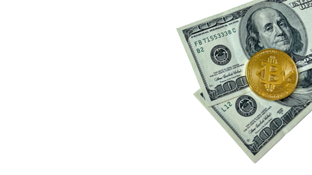 Two 100 US Dollar banknotes and a Bitcoin coin on a transparent background. Perfect for financial, economic, banking, and cryptocurrency concepts.