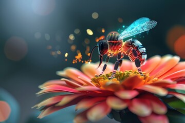 A stylized bee with glowing wings gathers nectar from a pink flower.