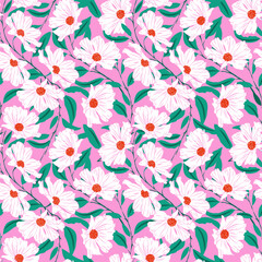 Seamless pattern Cosmos-flowers leaf illustration doodle nature: for wallpapers, greeting cards, greeting cards