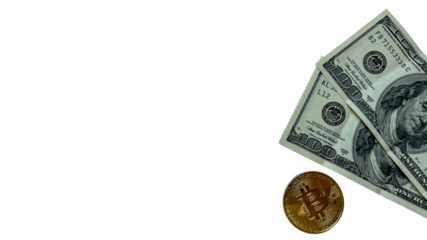 Two 100 US Dollar banknotes and a Bitcoin coin on a transparent background. Perfect for financial, economic, banking, and cryptocurrency concepts.