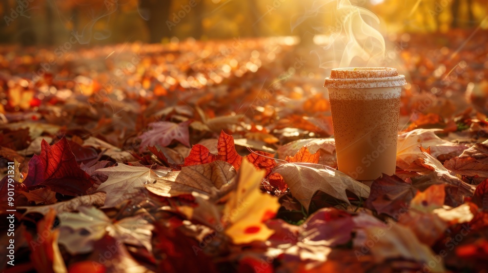 Wall mural Steaming coffee cup on autumn leaves.