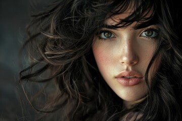 Fototapeta premium Close-Up Portrait of Woman With Flowing Hair and Captivating Eyes