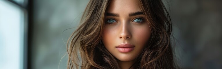 Obraz premium Portrait of Young Woman With Long Brown Hair and Blue Eyes Indoors
