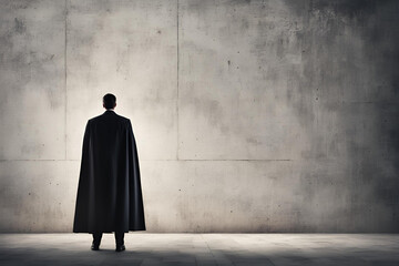 Back view of businessman standing on concrete wall background with cape shadow. Leadership, success and power concept.