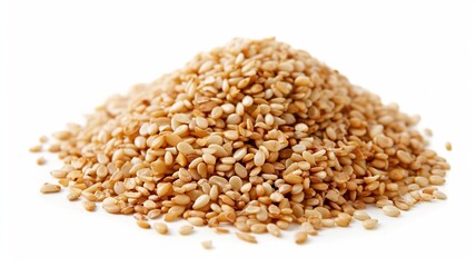 Fototapeta premium Front view of a wooden scoop filled with Organic White Sesame seeds (Sesamum indicum) or Til. Isolated on a white background. 