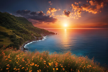 Fototapeta premium A breathtaking coastal sunset with a vibrant sky awash in hues of orange, pink, and purple, contrasting beautifully with the calm, reflective sea below.