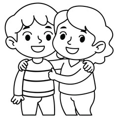 Cute cartoon friends silhouette hugging on white background