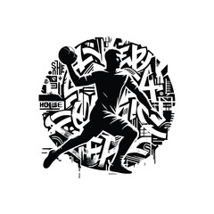 Fototapeta premium Handball sport male player with graffiti tags, street art pattern illustration, emblem shield badge