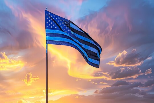 Thin Line First Responder American Flag Thin Line First Responder flag waving at cloudy sky background on sunset, panoramic view. copy space for wide banner.
