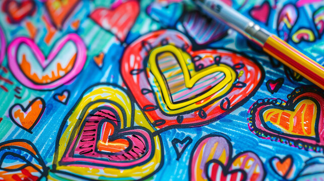 Close-up of a love note with abstract, colorful doodles and hearts