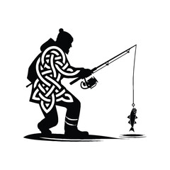 Ice Fishing sport male player with celtic knot, nordic pattern illustration, emblem shield badge