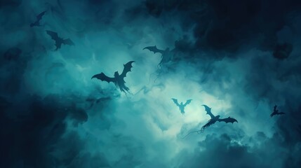 Silhouettes of bats flying in a stormy teal sky.