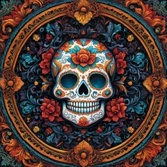 Painted sugar skull adorned with vibrant flowers on an ornate background. Day of the Dead celebration concept. Greeting card design