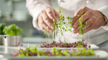 A chef carefully placing microgreens on a dish, creating an exquisite and modern presentation