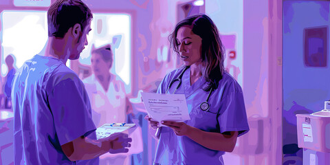 A nurse in a hospital setting, wearing a violet uniform, double-checks a patient's medical chart before administering medication