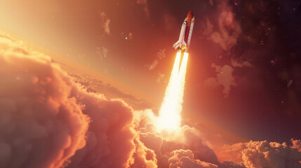 A realistic photograph of a space shuttle launching at sunset, rocket ascending through colorful sky, Earth visible in the background