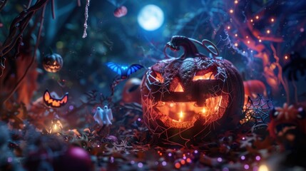 A lit jack-o'-lantern with a spooky grin sits in a dark forest with cobwebs and glowing lights for Halloween.