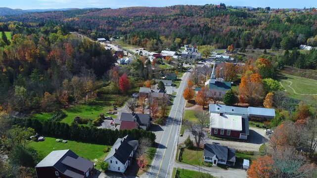 Autumn Aerial of New England Village With White Church - East Burke, Vermont