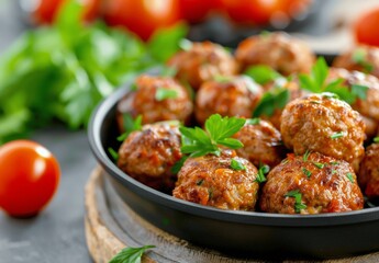 Fototapeta premium Meatballs in a Black Pan With Tomatoes and Parsley
