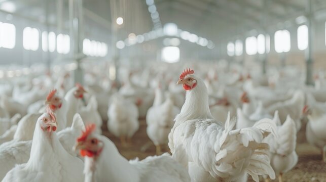 A flock of white chickens are in a barn