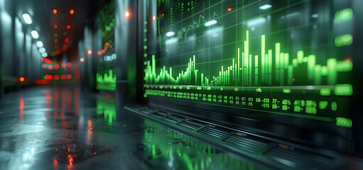 3d rendering of green stock market chart on glass wall background, digital display concept