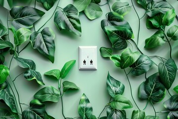 Socket on a green background with green fresh leaves. Environmentally friendly and sustainable renewable energy concept.