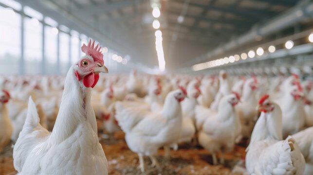 A flock of white chickens are in a pen