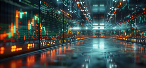 Fototapeta premium 3d rendering of green stock market chart on glass wall background, digital display concept