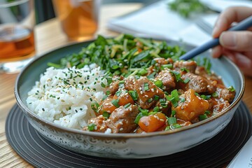 A person is eating a bowl of food that contains rice, meat, and vegetables
