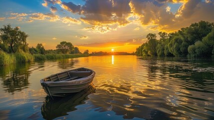Boat floating in the river with sunset backdrop