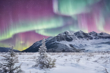 Aurora and Sunrise paints the snow-capped peaks with vibrant hues, while a majestic rainbow arcs across the mountain landscape