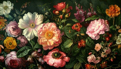 A Lush Tapestry of Blooms A Detailed Oil Painting of a Vibrant Floral Arrangement with Roses, Anemones, and Other Delicate Flowers on a Deep Green Background