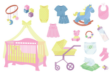 Baby care items mega set elements in flat cartoon graphic design. Bundle objects of child mobile, toys, kid clothes, bib, crib, stroller, rattle, milk bottle, diaper and other. Vector illustration.