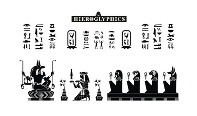 Egyptian papyrus with gods and goddesses offering to anubis in silhouette. Ancient Egyptian gods and goddesses in historical hieroglyphic paper art. illustration isolated on white. Ancient Egypt