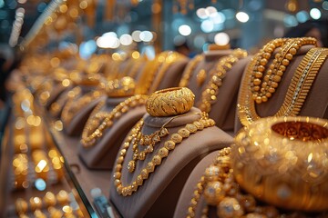 A display of gold jewelry with a variety of necklaces and bracelets