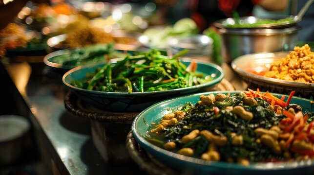 Blurry images of Javanese traditional vegetable dishes with peanut sauce known as PECAL