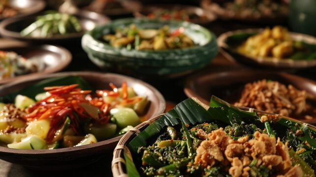 Blurry images of Javanese traditional vegetable dishes with peanut sauce known as PECAL