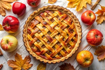 Top view of a Homemade Apple Pie with fresh apples on a white kitchen table. Thanksgiving traditional dessert
