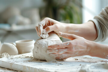 Clean and minimal image of a person crafting a clay sculpture, emphasizing hands-on creativity