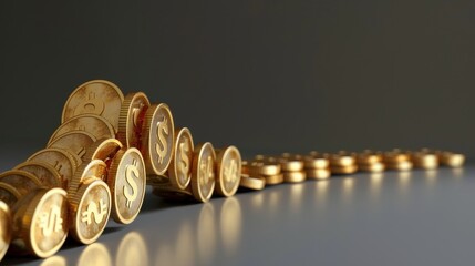 A close-up view of golden coins stacked in an ascending order, symbolizing wealth and financial growth.