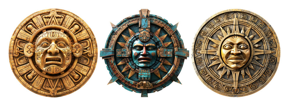 Ancient Aztec Mayan Sun Stone Medallions Tribal Artifacts Three Designs on a Transparent Background
