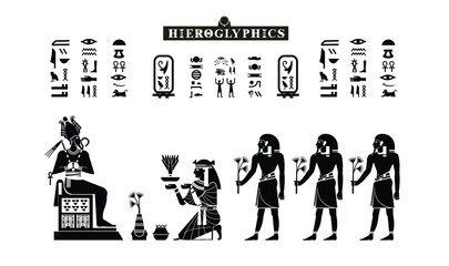 Egyptian papyrus with gods and goddesses offerings to osiris in silhouette. Ancient Egyptian gods and goddesses in historical hieroglyphic paper art. illustration isolated on white. Ancient Egypt