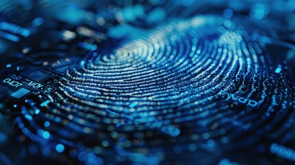 Close-up view of a blue fingerprint on a digital circuit, symbolizing security, identity verification, and technological advancement.