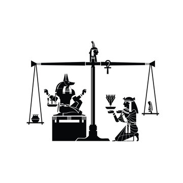 Egyptian seamless papyrus from the Book of the Dead. Weighing of the Heart, Duat ritual after death. Vector illustration of a pair of judgment scales. God Anubis
