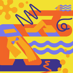 Poster for events of the summer season. Postcard with bright abstract elements. Illustration with characters in geometric style. Image of surfers.