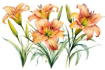 Watercolor daylily flowers on white background, Ai Generated