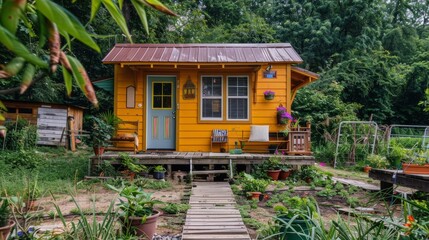 Small yellow tiny house with beautiful garden and wooden walkway